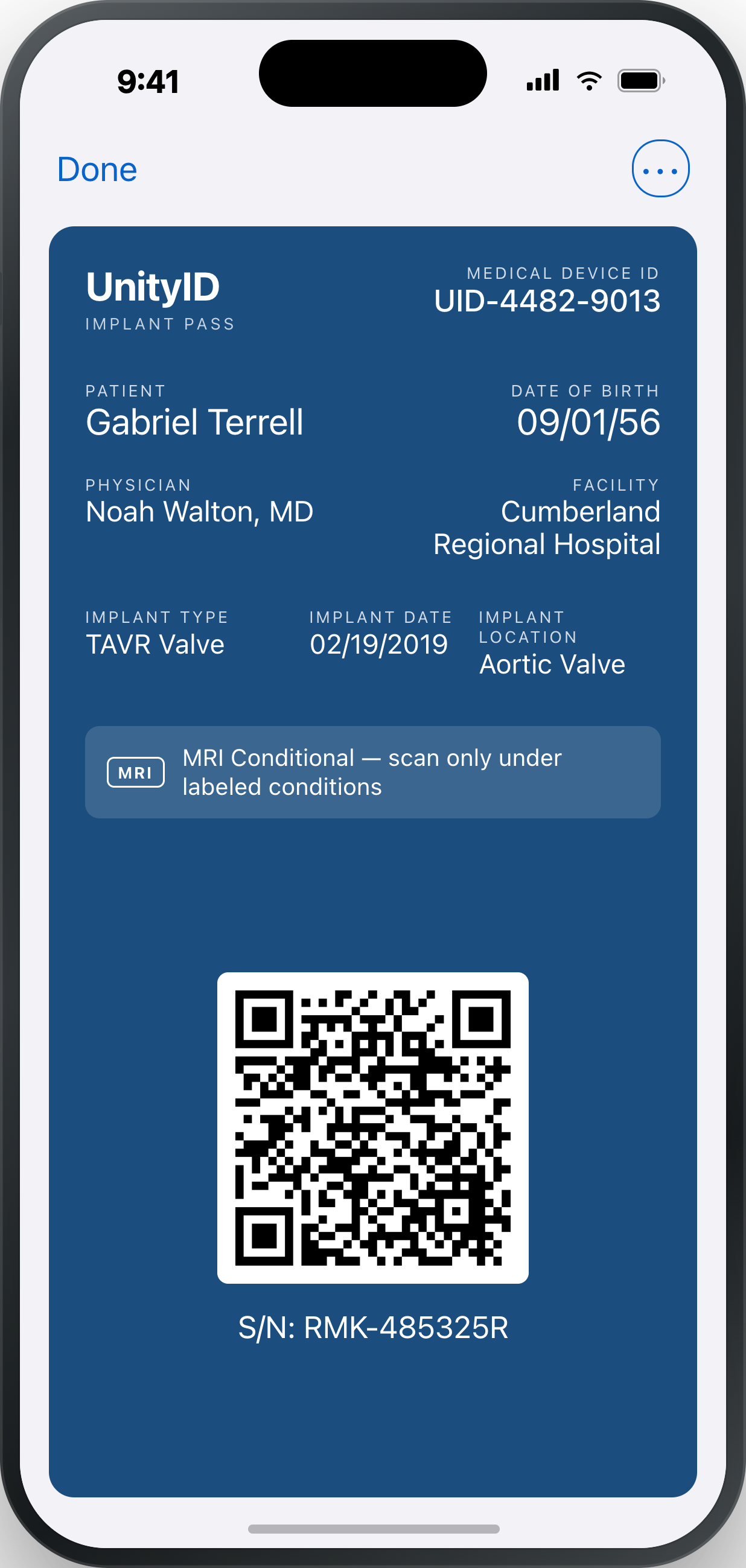 The UnityID implant pass on a phone, showing patient name, implant type and date, an MRI Conditional warning, and a scannable QR code.