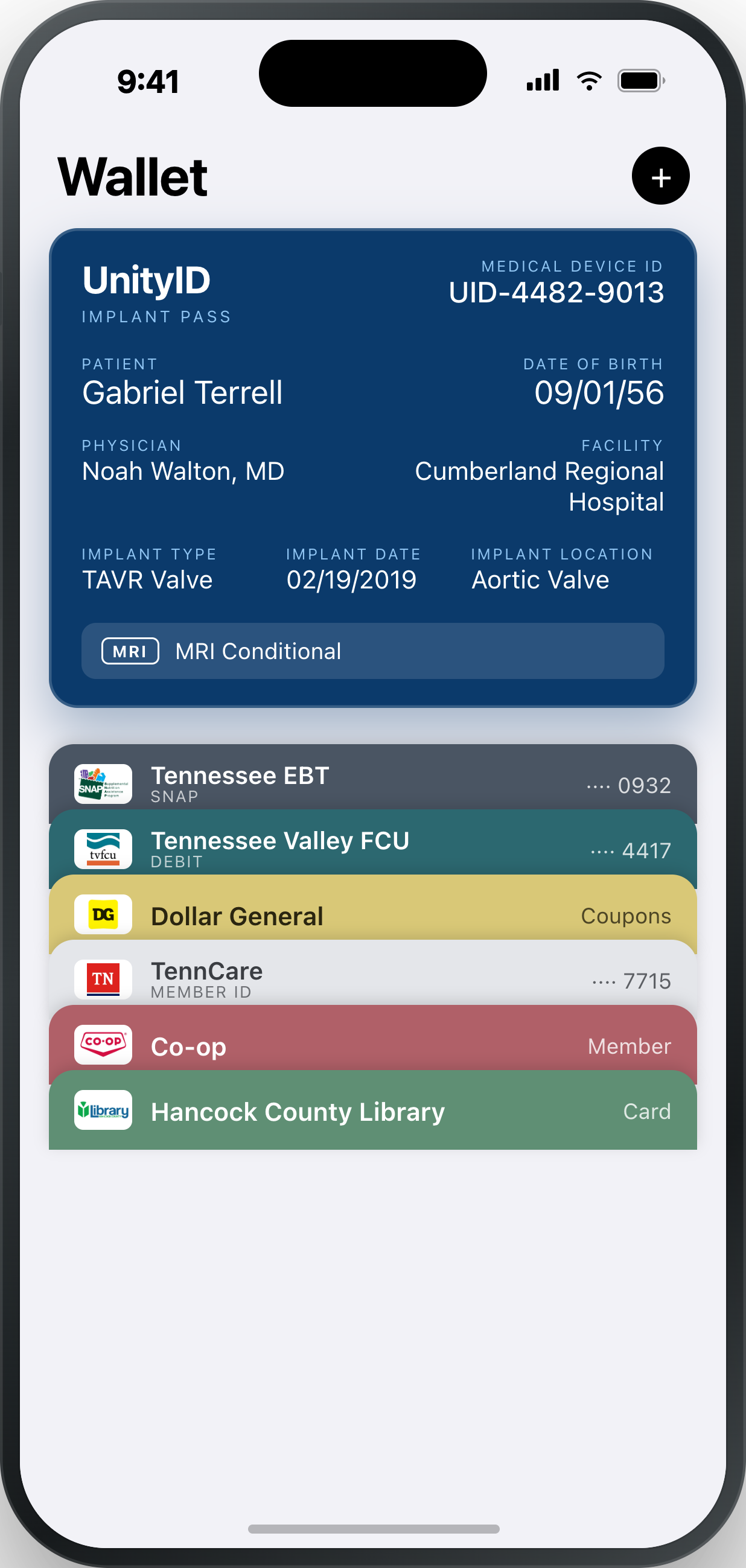 A phone wallet showing a UnityID implant record stored alongside a patient&rsquo;s everyday debit, benefits, and store cards.